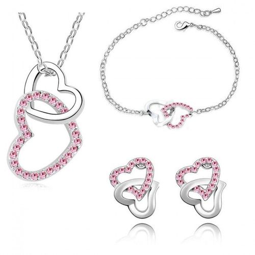 Parure Bijoux 2 Coeurs Strass Pendant Argentée Femme Couleur Rose