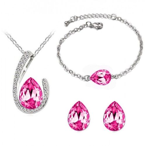 Parure Bijoux Goutte Strass Collier Boucles D'oreilles Bracelet Argentée Femme Couleur Rose