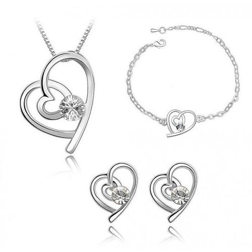 Parure Bijoux Coeur Strass Rond Collier Boucles D'oreilles Puce Bracelet Argentée Femme Couleur Blanc