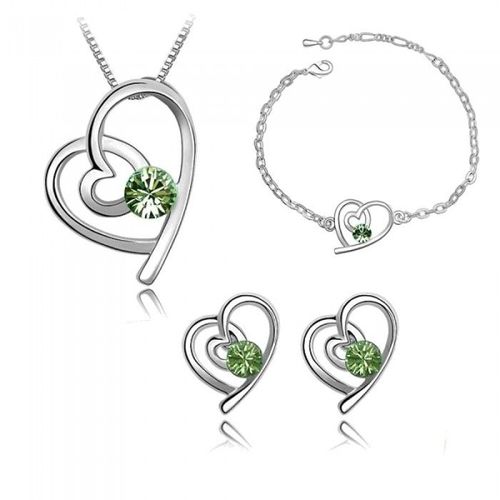 Parure Bijoux Coeur Strass Rond Collier Boucles D'oreilles Puce Bracelet Argentée Femme Couleur Vert