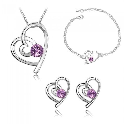 Parure Bijoux Coeur Strass Rond Collier Boucles D'oreilles Puce Bracelet Argentée Femme Couleur Violet