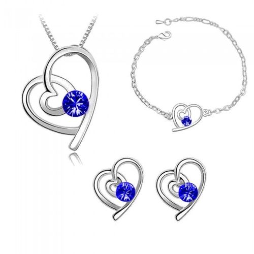 Parure Bijoux Coeur Strass Rond Collier Boucles D'oreilles Puce Bracelet Argentée Femme Couleur Bleu Roi
