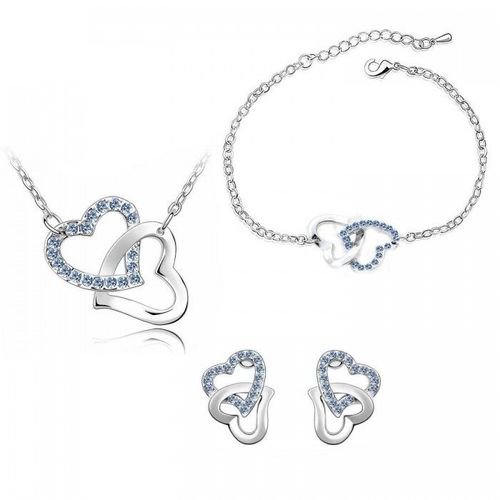Parure Bijoux Coeurs Collier Boucles D'oreilles Bracelet Strass Argentée Femme Couleur Bleu