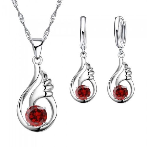 Parure Bijoux Goutte Aile Oxyde De Zirconium Argenté Femme Couleur Rouge