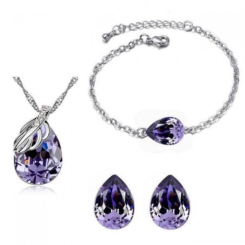 Parure Bijoux Goutte Feuille Collier Boucles D'oreilles Bracelet Argentée Femme Couleur Violet