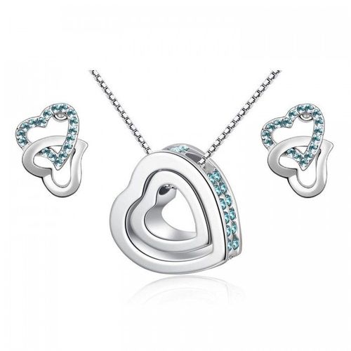 Parure Bijoux Double Coeurs Strass 2 Coeurs Argentée Femme Couleur Bleu Turquoise