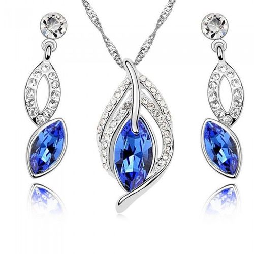 Parure Bijoux Feuille Ovale Argentée Femme Couleur Bleu Roi