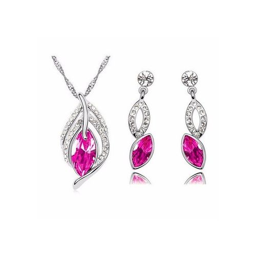 Parure Bijoux Feuille Ovale Argentée Femme Couleur Rose Fushia