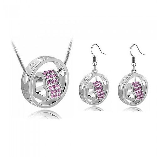 Parure Bijoux Cercle De Coeurs Boucles D'oreilles Pendantes Argentée Femme Couleur Rose