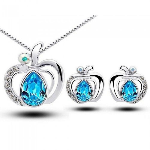 Parure Bijoux Pomme Goutte Strass Ovale Argentée Femme Couleur Bleu Turquoise