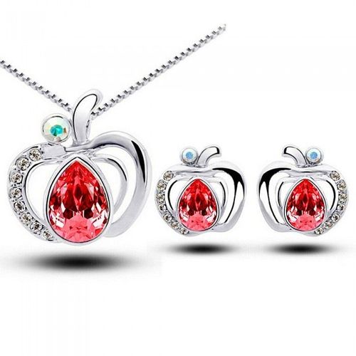 Parure Bijoux Pomme Goutte Strass Ovale Argentée Femme Couleur Rouge