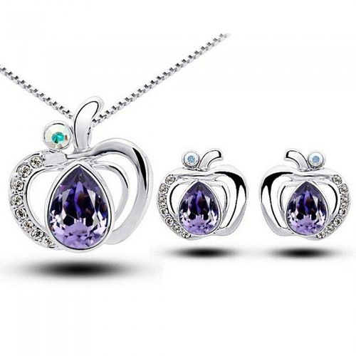 Parure Bijoux Pomme Goutte Strass Ovale Argentée Femme Couleur Violet