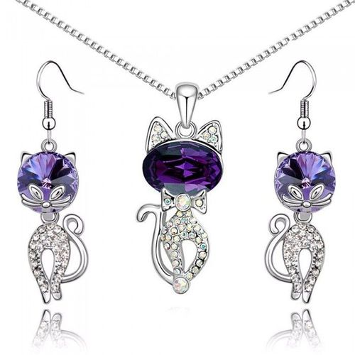 Parure Bijoux Chat Boucles D'oreilles Pendantes Argentée Femme Couleur Violet