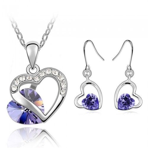 Parure Bijoux Amour Coeur Strass Argentée Femme Couleur Violet