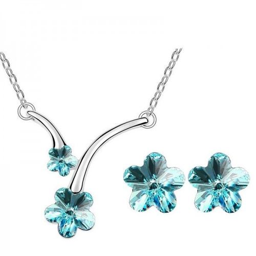 Parure Bijoux Fleur Strass Argentée Femme Couleur Bleu Turquoise