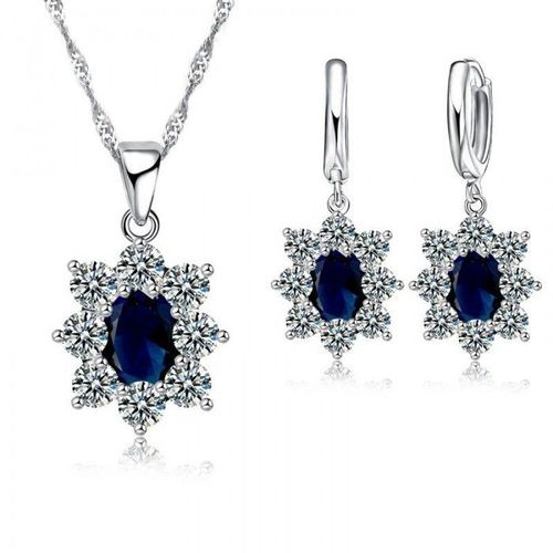 Parure Bijoux Fleur Et Oxyde De Zirconium Argenté Femme Couleur Bleu Roi