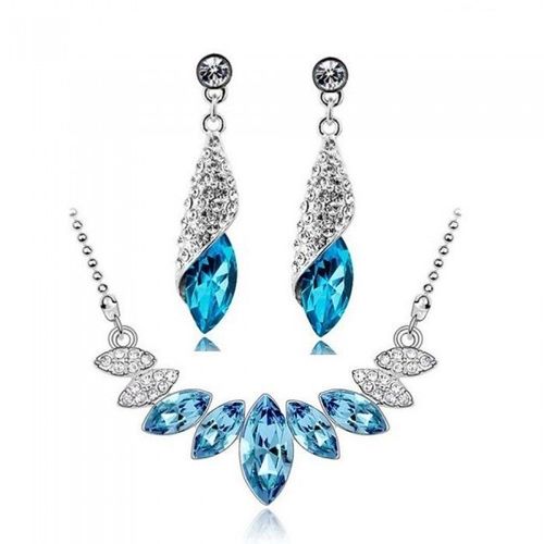 Parure Bijoux Ovale Strass Pendant Argentée Femme Couleur Bleu Turquoise