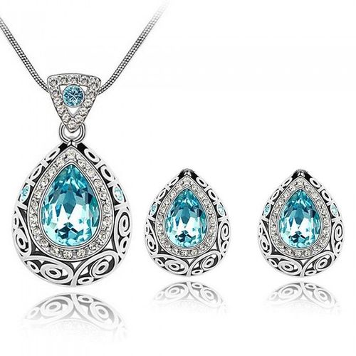 Parure Bijoux Goutte Ciselée Strass Argentée Femme Couleur Bleu Turquoise