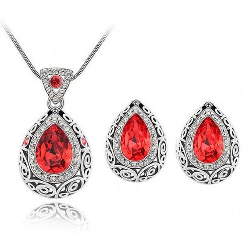 Parure Bijoux Goutte Ciselée Strass Argentée Femme Couleur Rouge