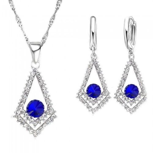 Parure Bijoux Losange Strass Argenté Femme Couleur Bleu Roi