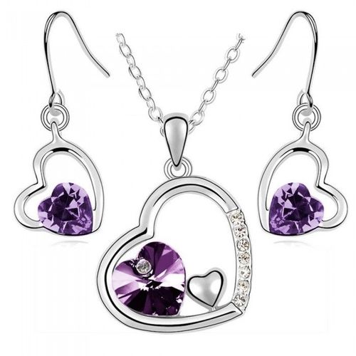 Parure Bijoux 3 Coeurs Argentée Femme Couleur Violet