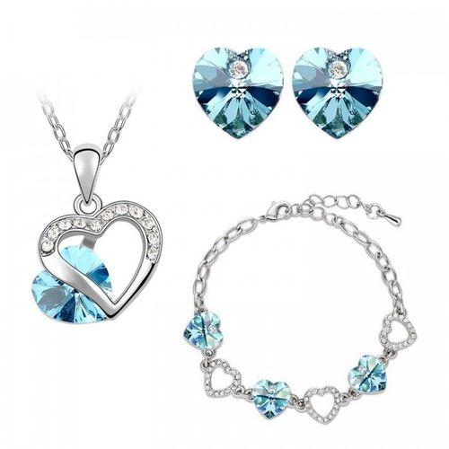 Parure Bijoux Coeur Collier Boucles D'oreilles Bracelet Argentée Femme Couleur Bleu Turquoise