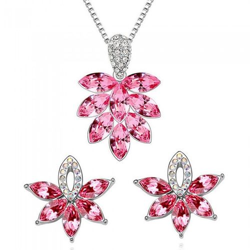 Parure Bijoux Feuille De Strass Pendant Argentée Femme Couleur Rose