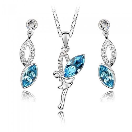 Parure Bijoux Fée Aile Strass Argentée Femme Couleur Bleu Turquoise