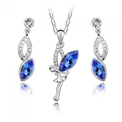 Parure Bijoux Fée Aile Strass Argentée Femme Couleur Bleu Roi