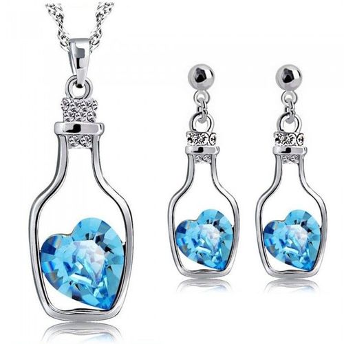 Parure Bijoux Coeur Message Dans Une Bouteille Argentée Femme Couleur Bleu Turquoise