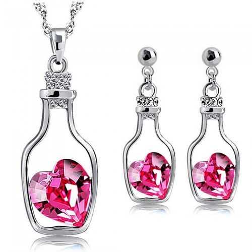 Parure Bijoux Coeur Message Dans Une Bouteille Argentée Femme Couleur Rose