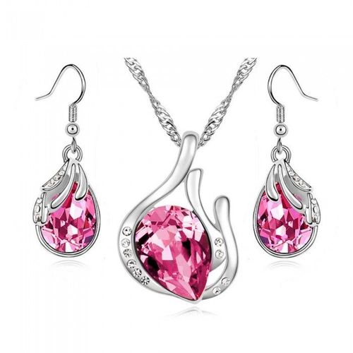Parure Bijoux Cérémonie Goutte Et Feuille Argentée Femme Couleur Rose