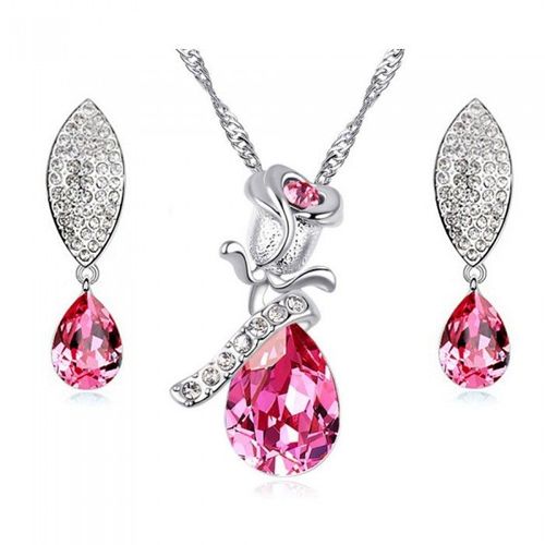 Parure Bijoux Collier Fleur Rose Et Boucles D'oreilles Goutte Argentée Femme Couleur Rose