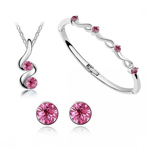 Parure Bijoux De Strass Collier Boucles D'oreilles Bracelet Argentée Femme Couleur Rose