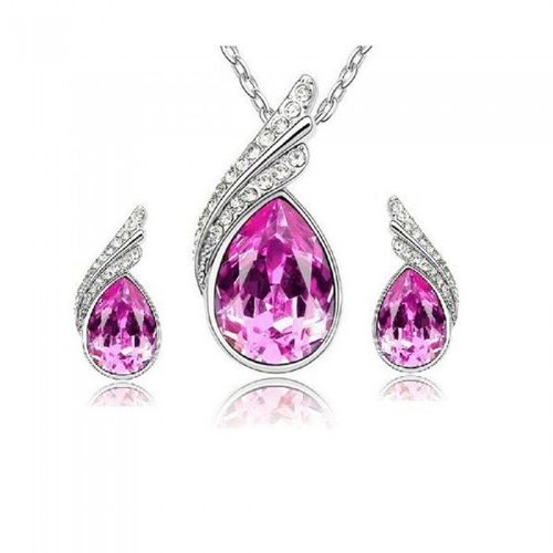Parure Bijoux Amour Goutte Et Feuille Argentée Femme Couleur Rose