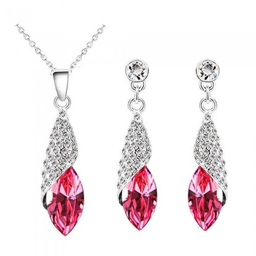 Parure Bijoux Goutte Ovale Pendant Argentée Femme Couleur Rose