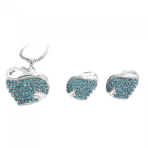 Parure Bijoux Coeur Serti De Strass Argentée Femme Couleur Bleu Turquoise