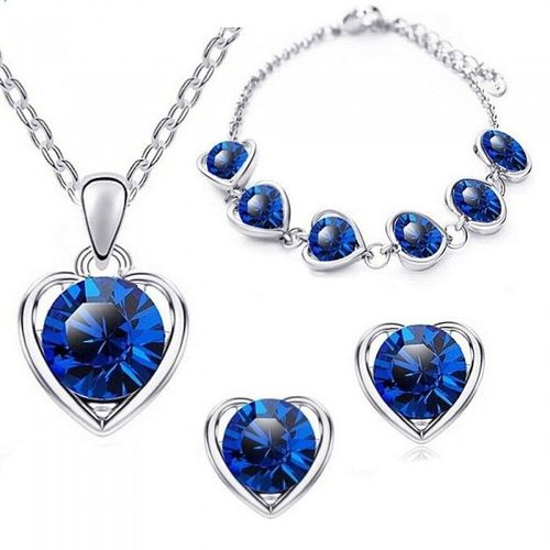 Parure Bijoux Coeur Strass Rond Collier Boucles D'oreilles Bracelet Argentée Femme Couleur Bleu Roi
