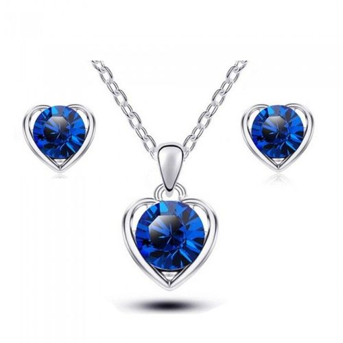 Parure Bijoux Coeur Strass Rond Argentée Femme Couleur Bleu Roi