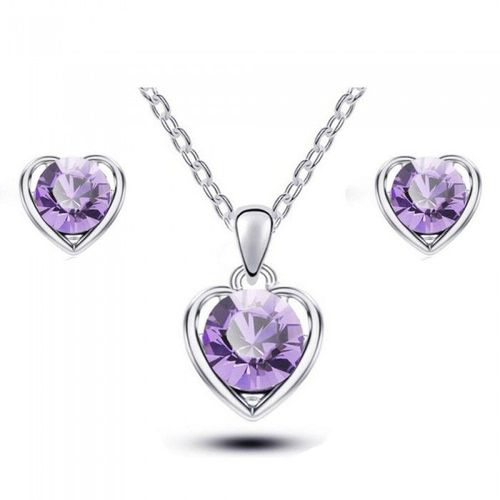Parure Bijoux Coeur Strass Rond Argentée Femme Couleur Mauve