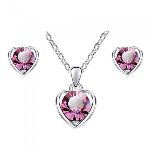 Parure Bijoux Coeur Strass Rond Argentée Femme Couleur Rose