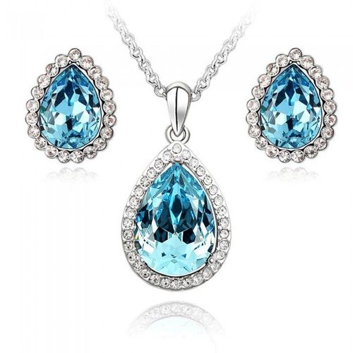 Parure Bijoux Goutte Ovale Strass Argentée Femme Couleur Bleu Turquoise