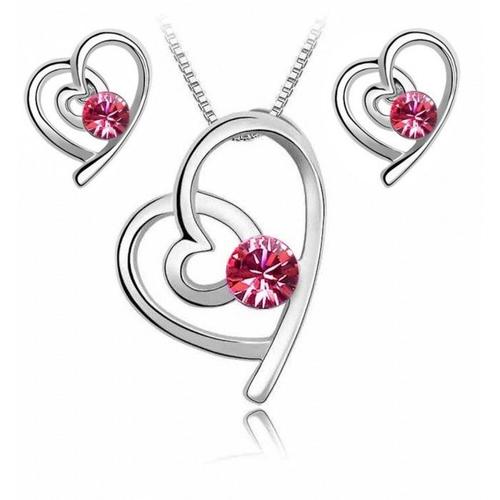 Parure Bijoux Coeur Sur Le Côté Strass Argentée Femme Couleur Rose