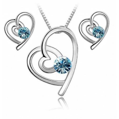 Parure Bijoux Coeur Sur Le Côté Strass Argentée Femme Couleur Bleu Turquoise