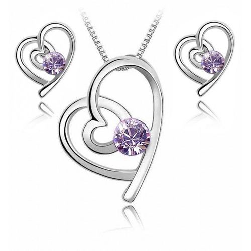Parure Bijoux Coeur Sur Le Côté Strass Argentée Femme Couleur Violet
