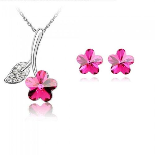 Parure Bijoux Fleur Feuille De Strass Argentée Femme Couleur Rose
