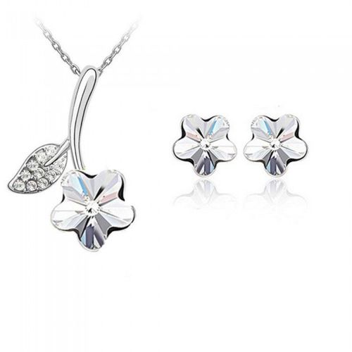 Parure Bijoux Fleur Feuille De Strass Argentée Femme Couleur Blanc