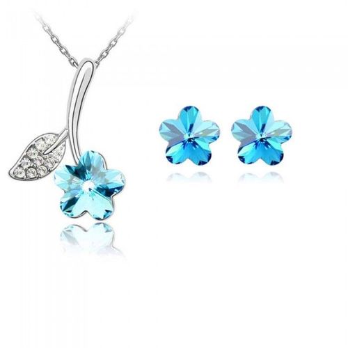 Parure Bijoux Fleur Feuille De Strass Argentée Femme Couleur Bleu Turquoise