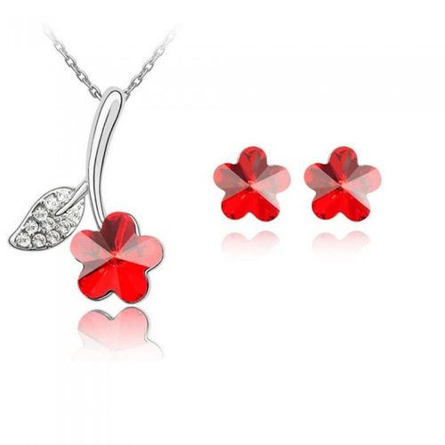 Parure Bijoux Fleur Feuille De Strass Argentée Femme Couleur Rouge