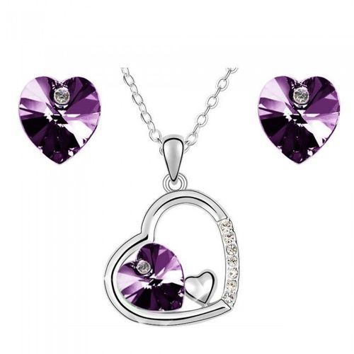 Parure Bijoux 3 Coeurs Strass Argentée Femme Couleur Violet